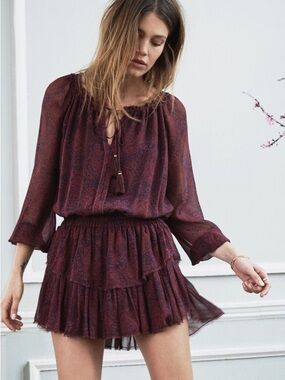 LOVE SHACK FANCY | Burgundy Paisley Tiered Ruffle Silk Mini Dress